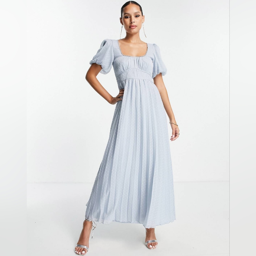 ASOS design puff sleeve pleated textured midi dress scallop trim pastel blue